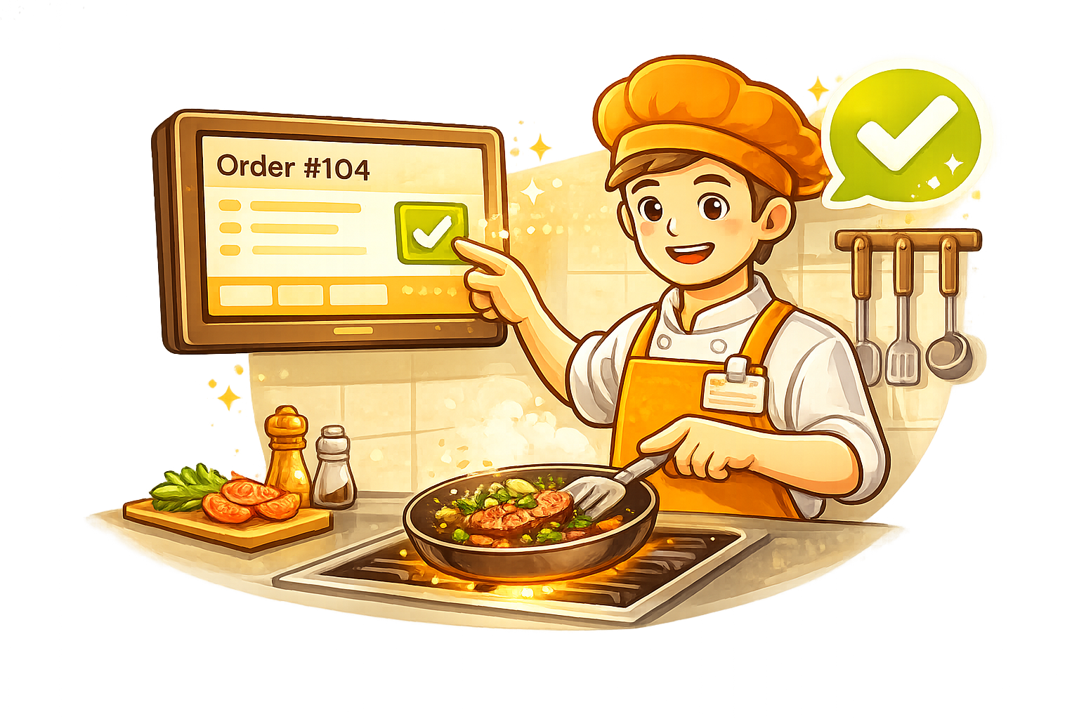 Nhân viên bếp chuẩn bị đơn hàng và cập nhật trạng thái khi làm