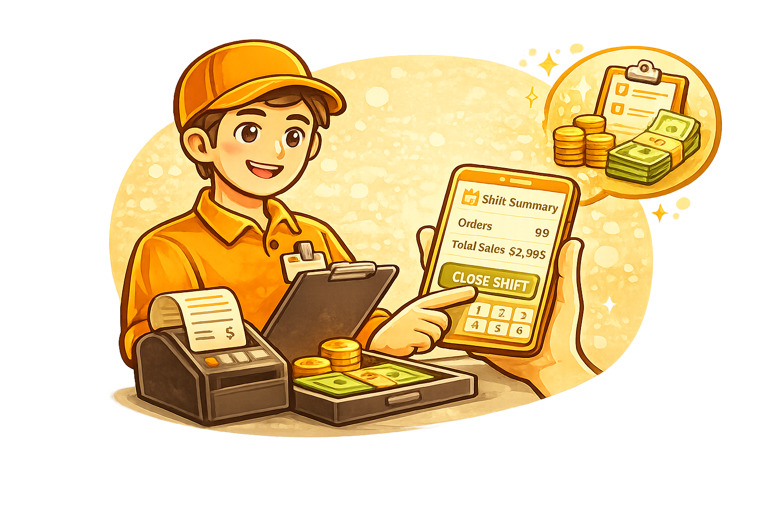 Kết thúc ca với tổng quan đầy đủ về doanh thu, thanh toán, tiền mặt và hoạt động nhân viên